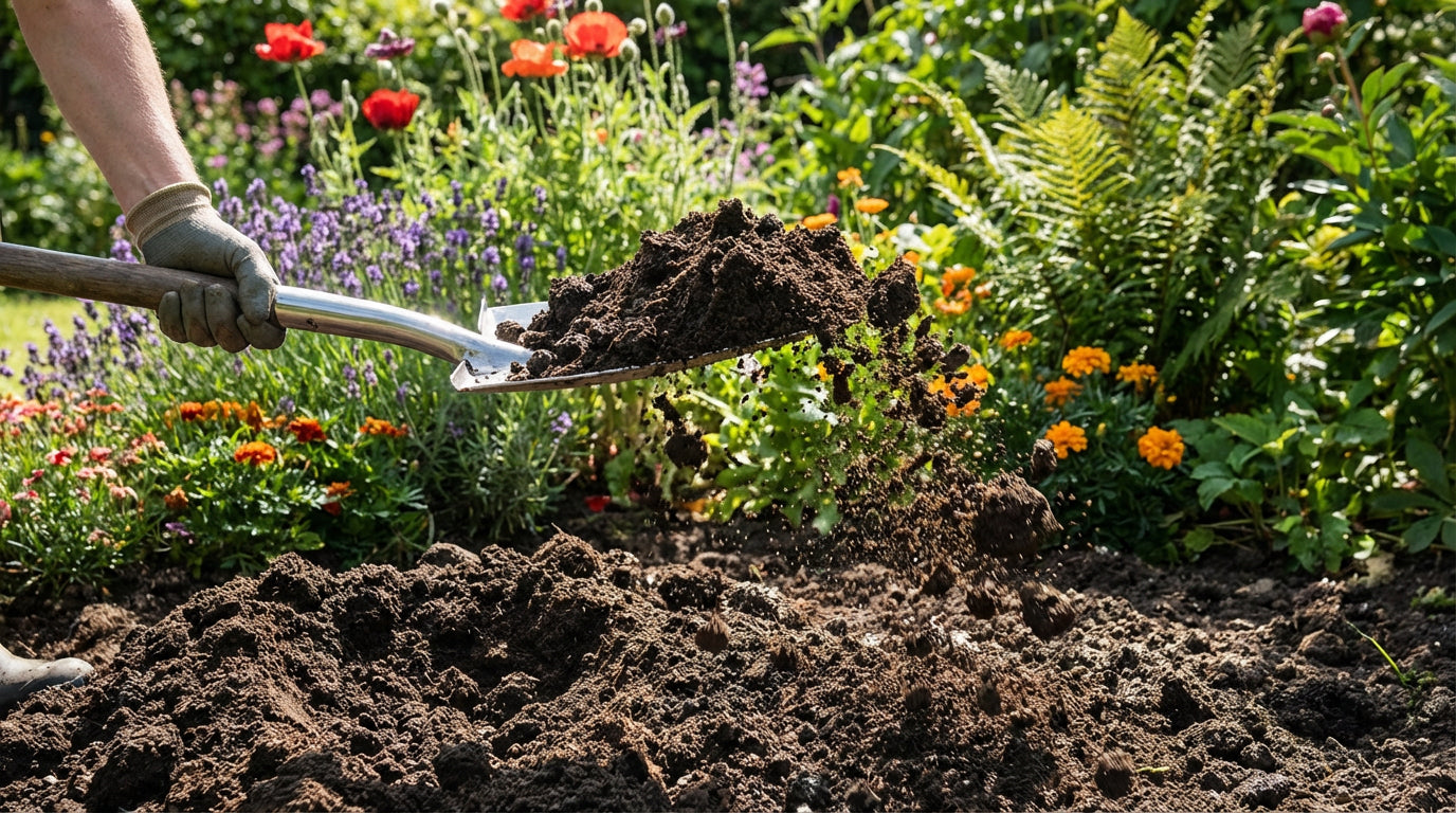 Person gardening with a shovel in a flower garden